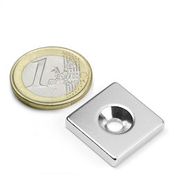 CS-Q-20-20-04-N, Block magnet 20 x 20 x 4 mm, with countersunk borehole, N35, nickel-plated