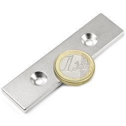 CS-Q-80-20-04-N, Block magnet 80 x 20 x 4 mm, with countersunk borehole, N35, nickel-plated